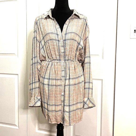 Free People Elai Plaid Check Open Back ShirtDress Ivory Combo size Large - Picture 6 of 15
